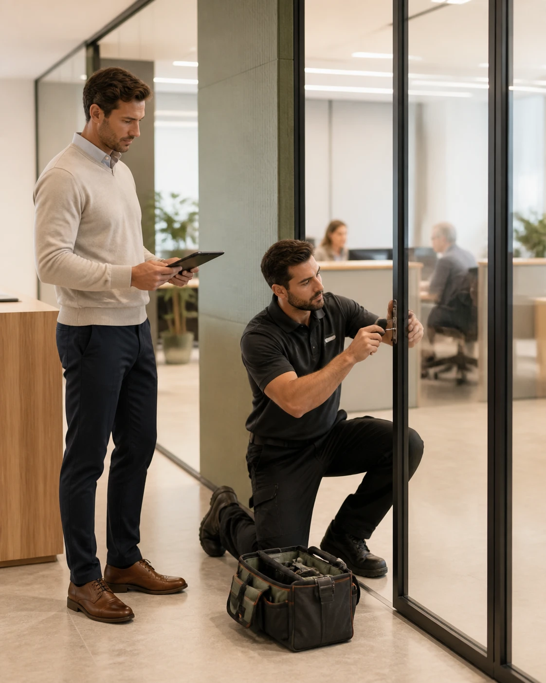 A vetted trade repairing a glass office door lock while a facility manager reviews the job on a tablet — commercial property maintenance in a Sydney office