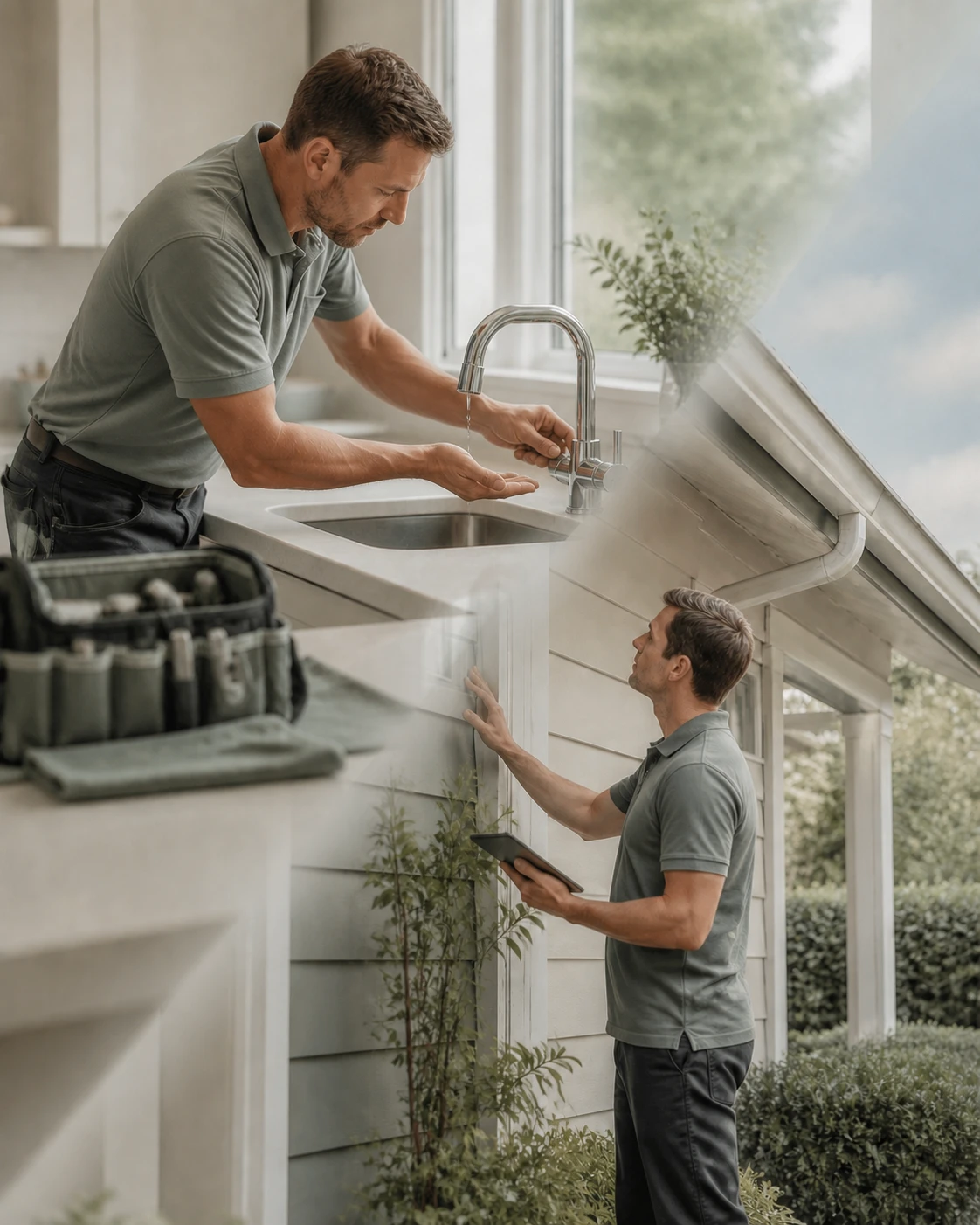Local trades checking a kitchen tap for leaks and inspecting the gutters of a Sydney home during a residential property maintenance visit