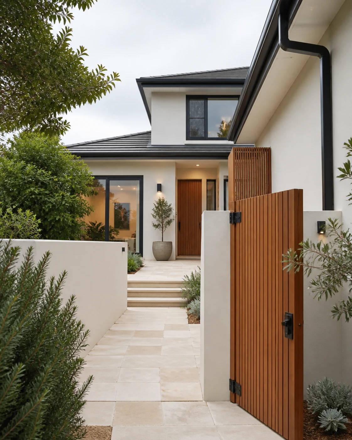 The well-kept entrance of a modern Sydney home with fresh render, timber gate and tidy landscaping — the result of regular property maintenance