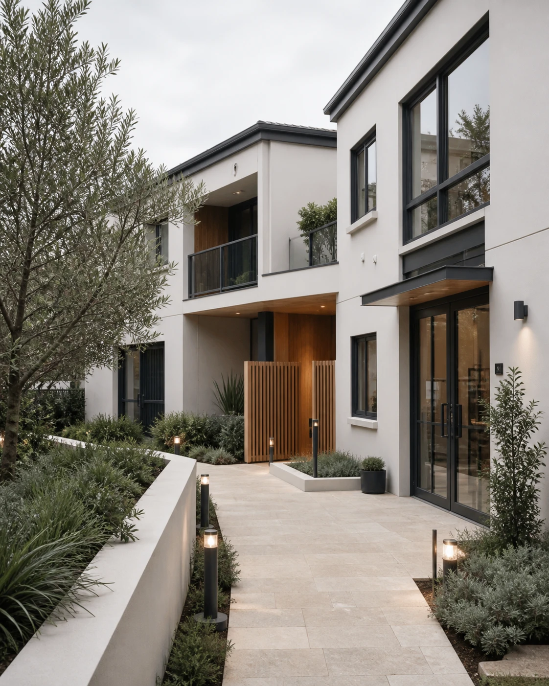 The immaculate entrance and landscaped pathway of a modern Sydney townhouse kept in top condition through regular property maintenance